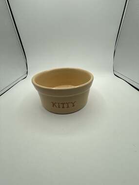 Vintage Stoneware Kitty Pet Bowl Tan Ceramic